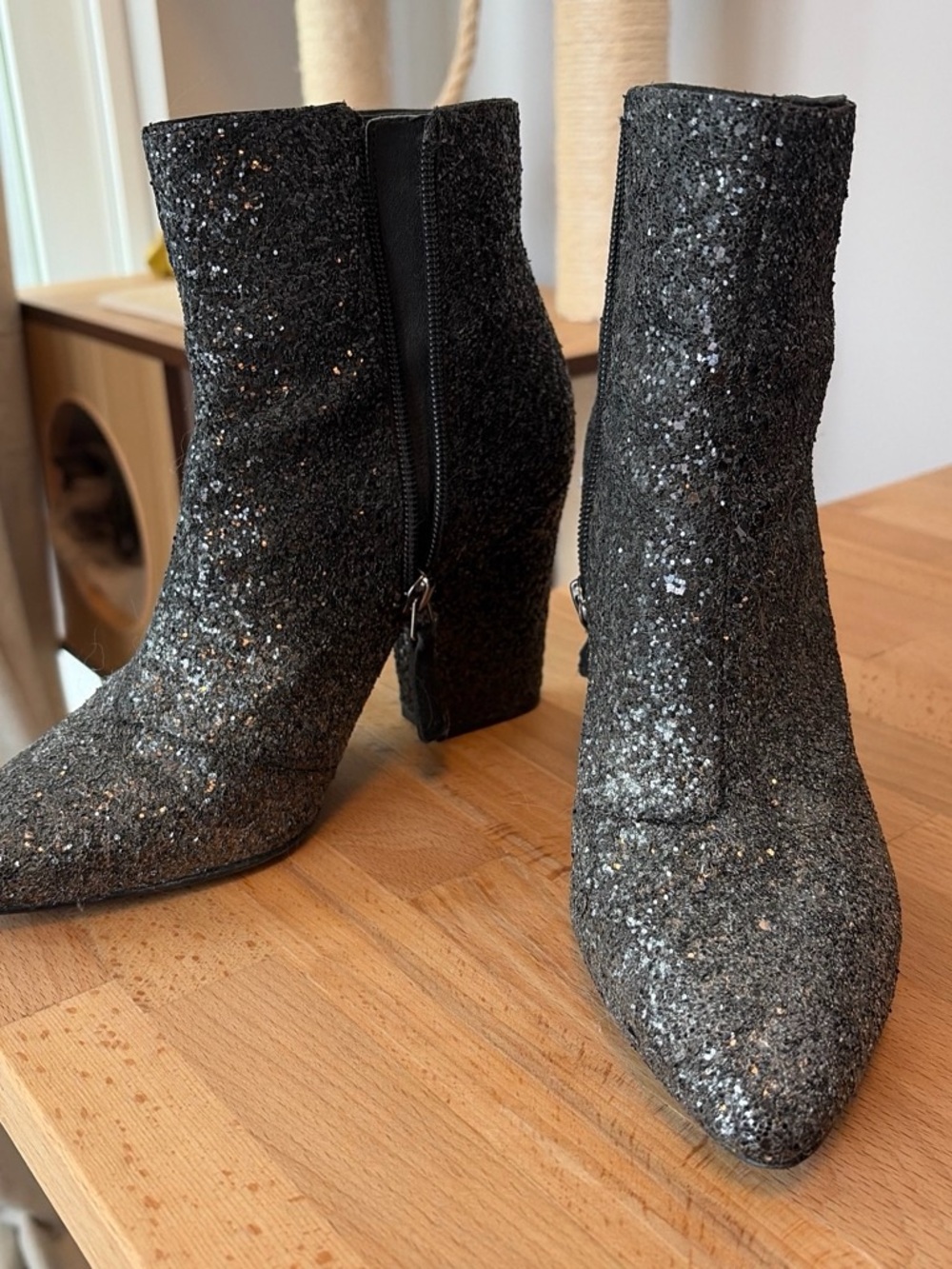 Nine West Black Glitter Ankle Booties with Block Heel
